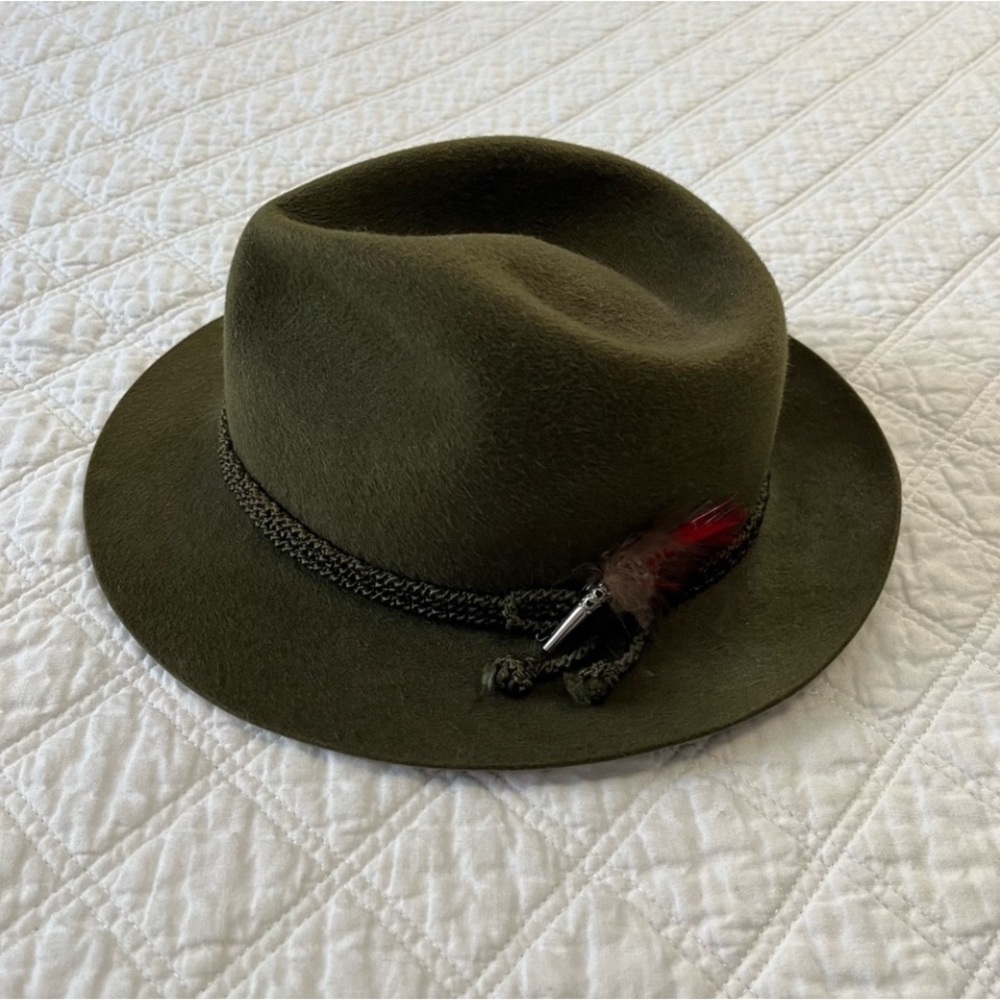 Vintage Olive Green Fedora Hat with Feather Accent